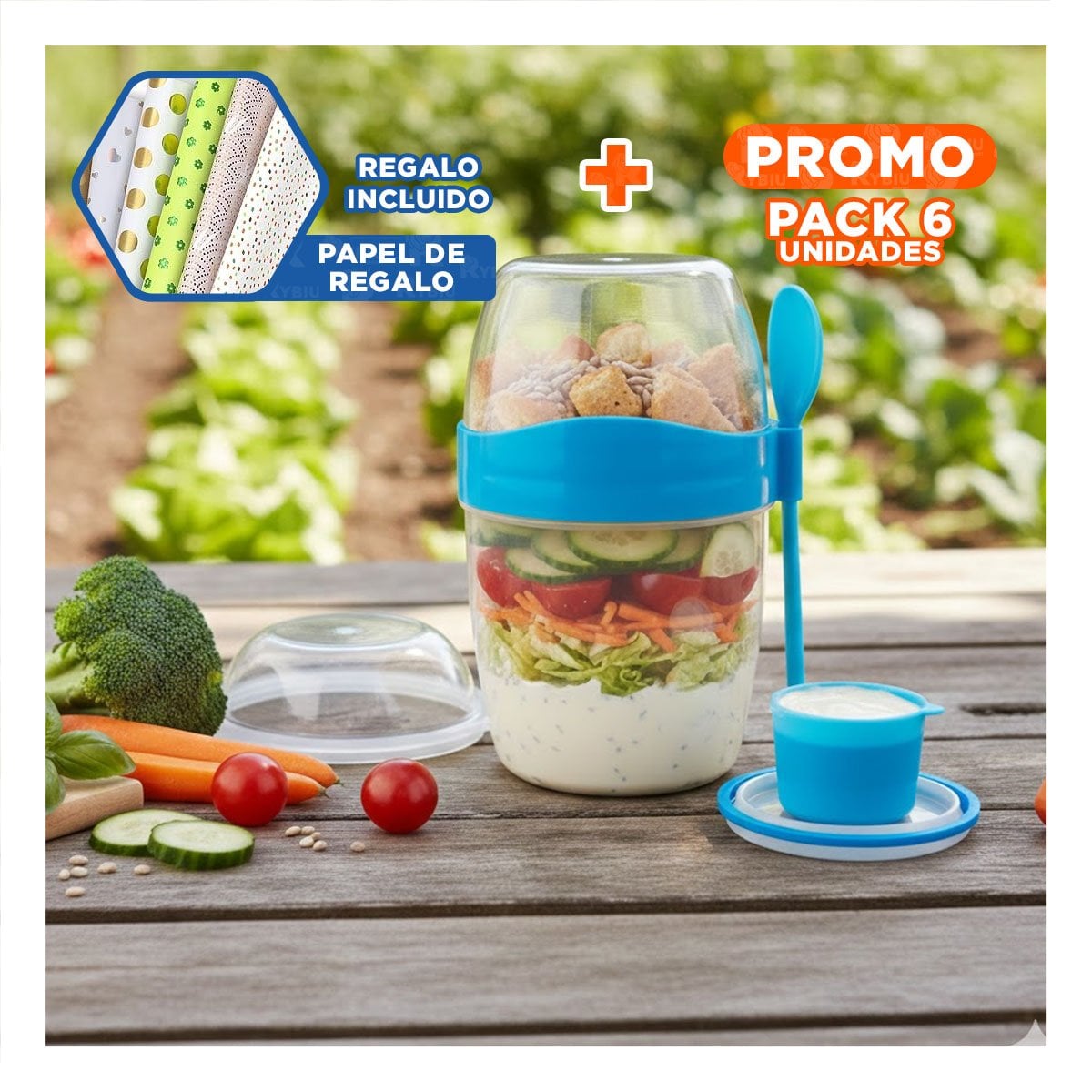 PACK6 CONTENEDOR YOGUR AZUL 2 EN 1 PARA COMBINAR SNACKS AL INSTANTE Y+PAPEL REGALO - 1