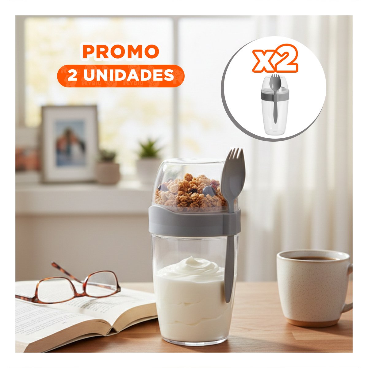 PACK2 VASO YOGURTERO 2 EN 1 CON CUBIERTO GRANDE PLOMO PARA USO CONTINUO Y+REGALO STICKER - 1