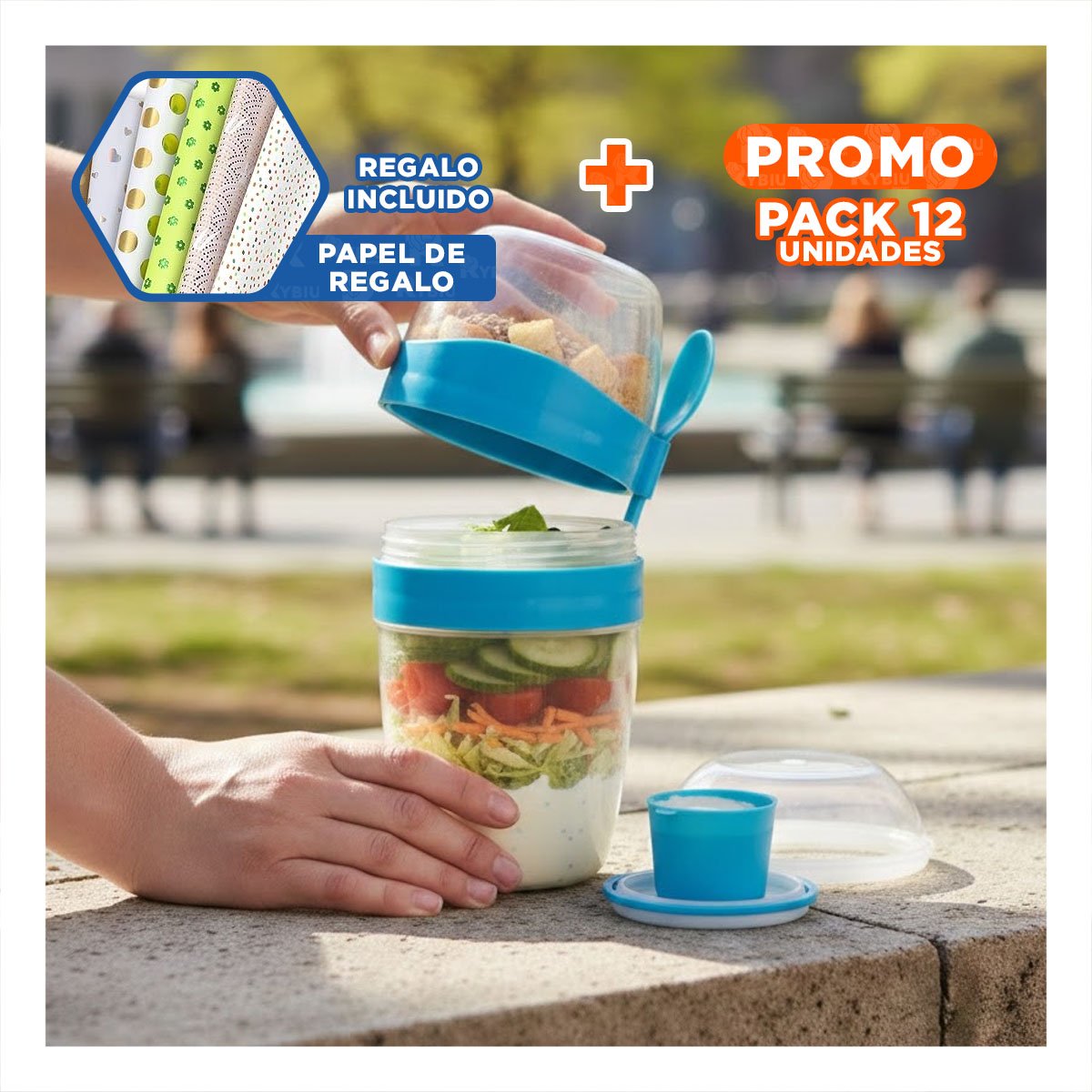 PACK12 CONTENEDOR YOGURERO AZUL CON CUCHARA Y ESPACIO MULTIUSO Y+PAPEL REGALO - 1