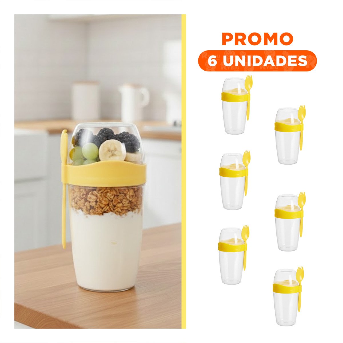 PACK6 RECIPIENTE YOGURERO CON CUBIERTO GRANDE AMARILLO 2 EN 1 PARA ALIMENTACION SALUDABLE - 1