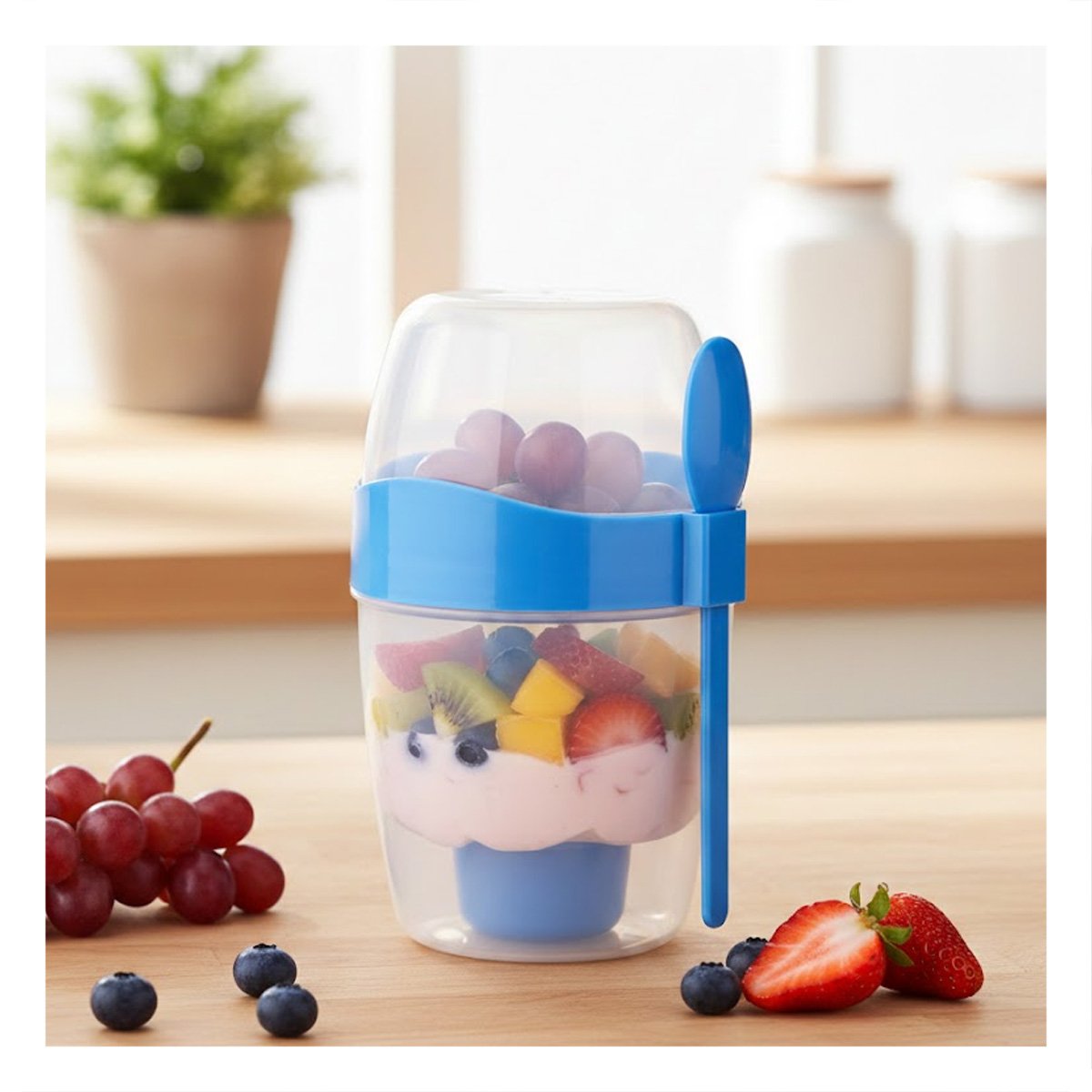 RECIPIENTE YOGUR AZUL CON CUCHARA DISENO COMPACTO FACIL DE GUARDAR Y+PAPEL REGALO - 2