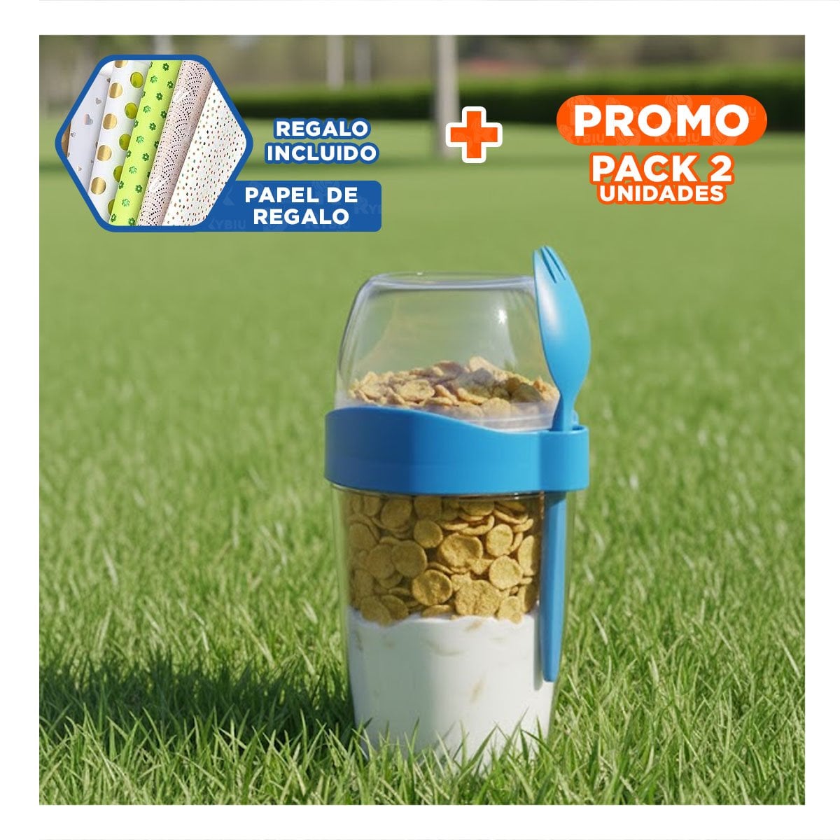 PACK2 TAZA YOGURERA 2 EN 1 CON CUBIERTO GRANDE AZUL PARA TRANSPORTE FACIL Y+PAPEL REGALO - 1