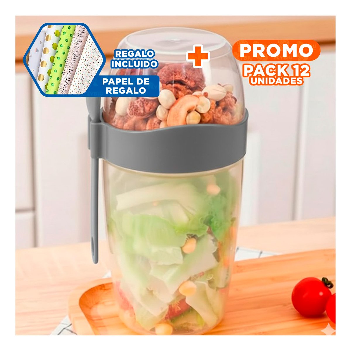 PACK12 CONTENEDOR YOGURERO PLOMO CON CUCHARA Y ESPACIO MULTIUSO Y+PAPEL REGALO - 1