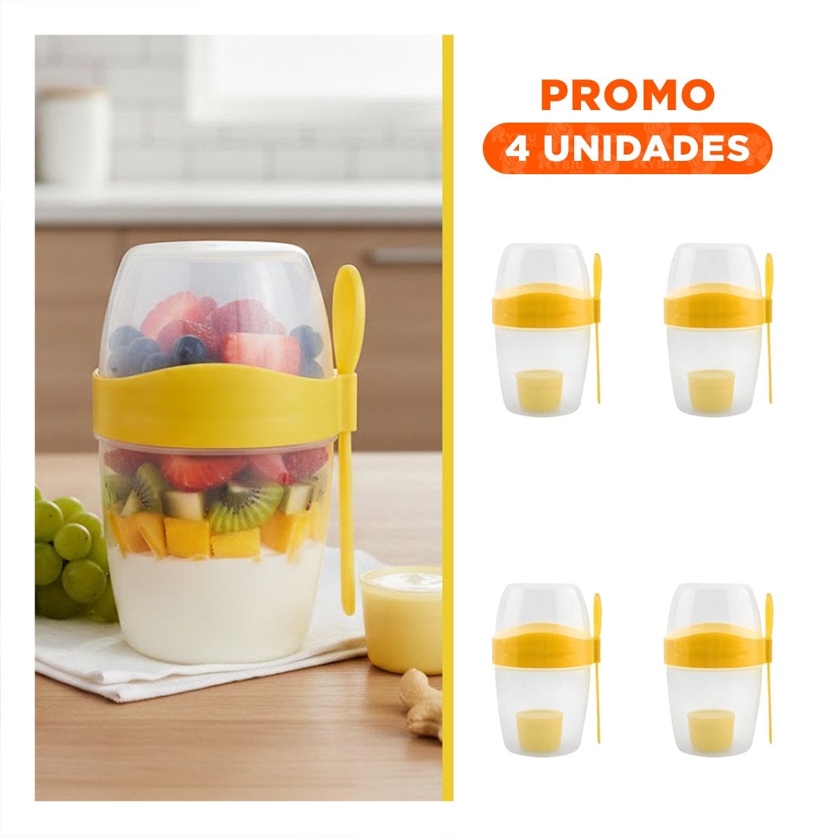 PACK4 VASO YOGURERO AMARILLO CON CUBIERTO REUTILIZABLE PARA USO DIARIO Y+REGALO STICKER - 1