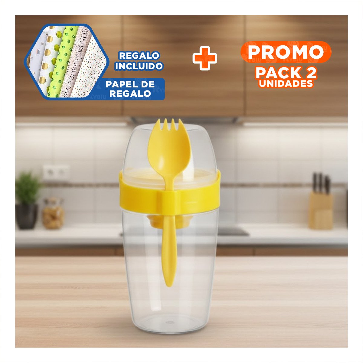 PACK2 TAZA YOGURERA 2 EN 1 CON CUBIERTO GRANDE AMARILLO PARA TRANSPORTE FACIL Y+PAPEL REGALO - 1