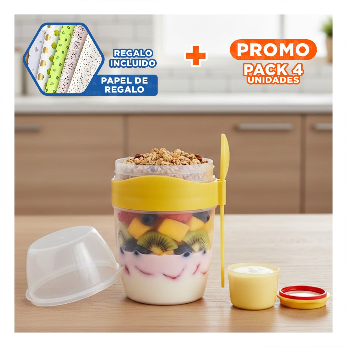 PACK4 VASO YOGUR AMARILLO CON CUBIERTO REUTILIZABLE PARA SNACKS Y FRUTAS Y+PAPEL REGALO - 1