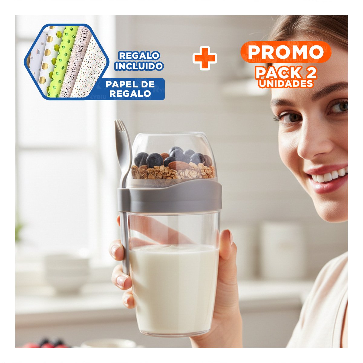 PACK2 TAZA YOGURERA 2 EN 1 CON CUBIERTO GRANDE PLOMO PARA TRANSPORTE FACIL Y+PAPEL REGALO - 1