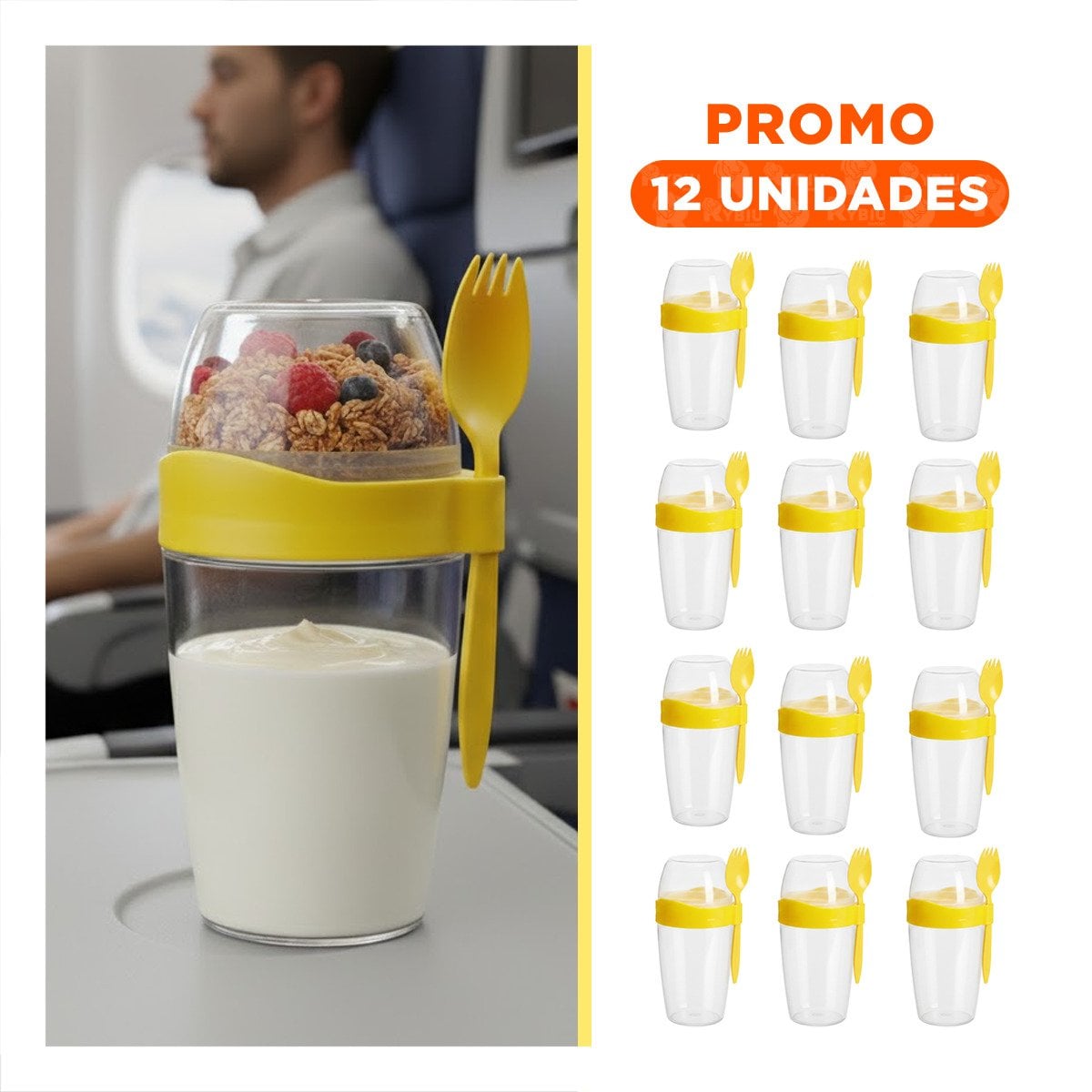 PACK12 VASO YOGURERO 2 EN 1 CON CUBIERTO GRANDE AMARILLO PARA EL TRABAJO Y+REGALO STICKER - 1