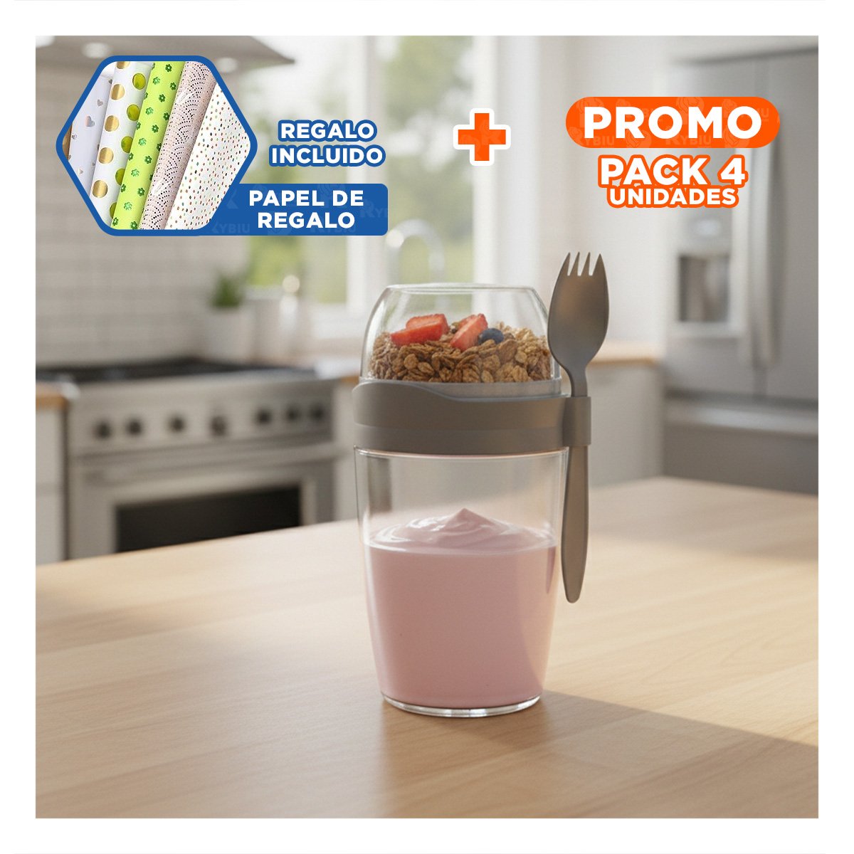 PACK4 ENVASE YOGURERO 2 EN 1 CON CUBIERTO GRANDE PLOMO PARA SNACKS SALUDABLES Y+PAPEL REGALO - 1