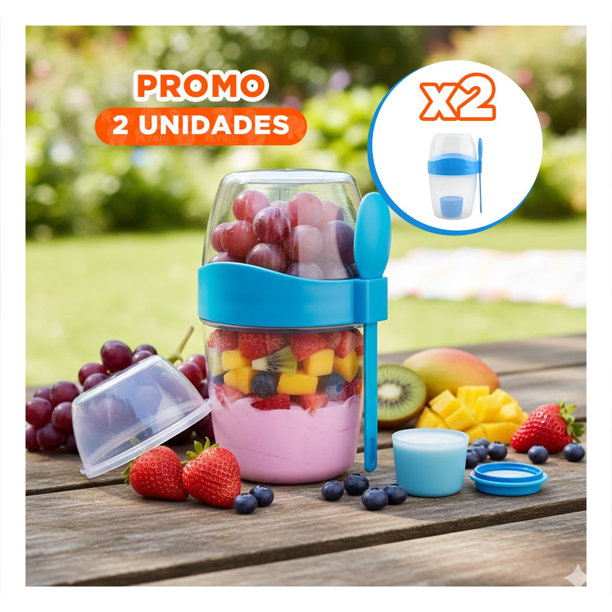 PACK2 CONTENEDOR YOGUR AZUL DISENO 2 EN 1 PARA LLEVAR A TODO LUGAR Y+REGALO STICKER - 1