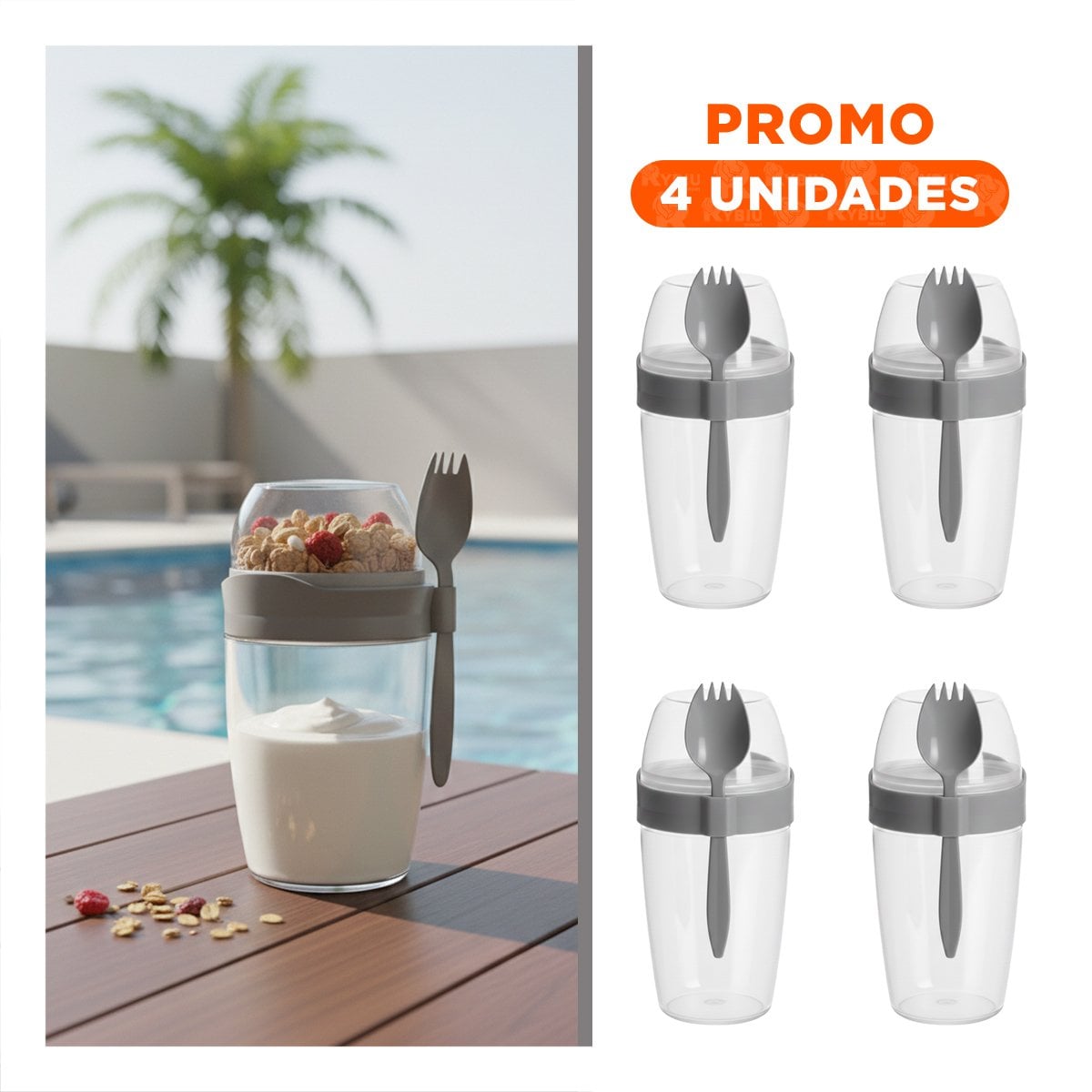 PACK4 VASO YOGURERO CON CUBIERTO GRANDE PLOMO 2 EN 1 PARA USO PRACTICO Y+REGALO STICKER - 1