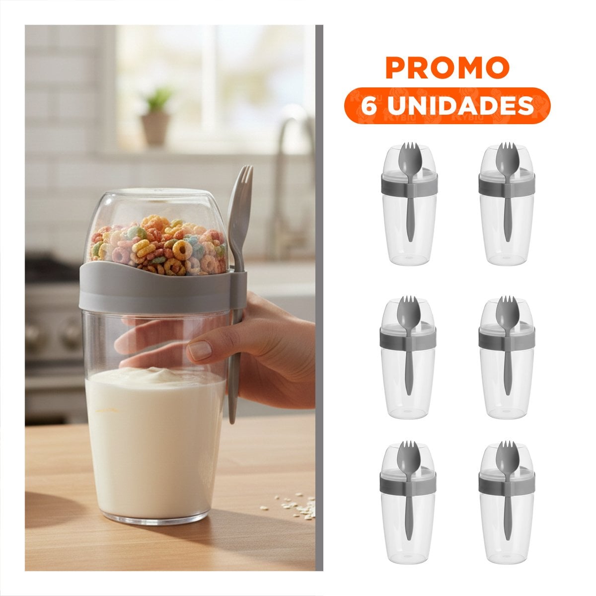 PACK6 RECIPIENTE YOGURERO CON CUBIERTO GRANDE PLOMO 2 EN 1 PARA ALIMENTACION SALUDABLE - 1