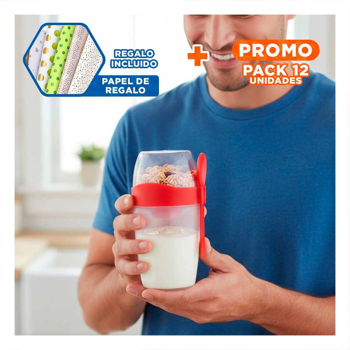 PACK12 RECIPIENTE YOGURTERO 2 EN 1 CON CUBIERTO GRANDE ROJO PARA USO EN CASA Y+PAPEL REGALO - 1