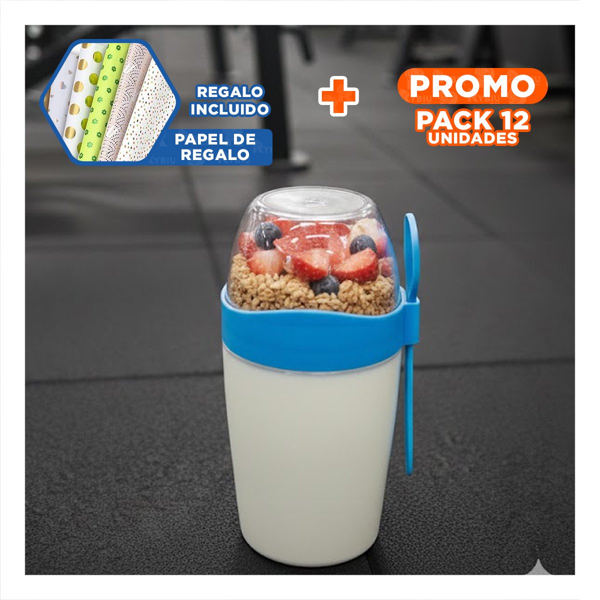 PACK12 RECIPIENTE YOGURTERO 2 EN 1 CON CUBIERTO GRANDE AZUL PARA USO EN CASA Y+PAPEL REGALO - 1
