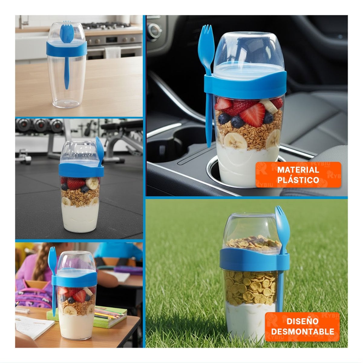 PACK12 RECIPIENTE YOGURTERO 2 EN 1 CON CUBIERTO GRANDE AZUL PARA USO EN CASA Y+PAPEL REGALO - 2