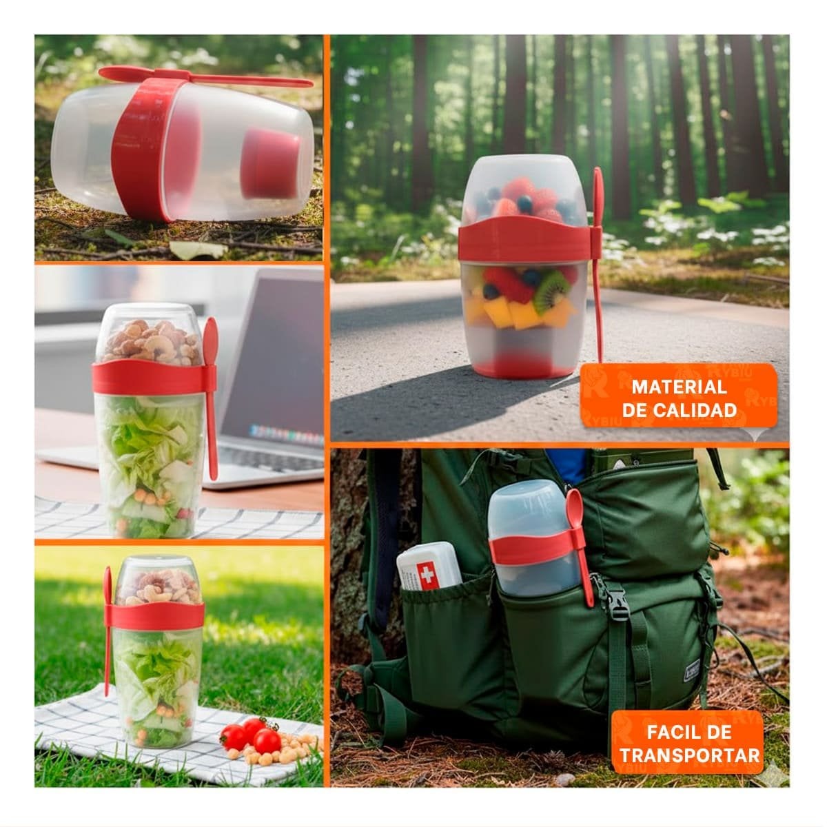 VASO YOGUR ROJO PORTATIL CON CUBIERTO PERFECTO PARA TRANSPORTE SEGURO Y+POST IT - 1