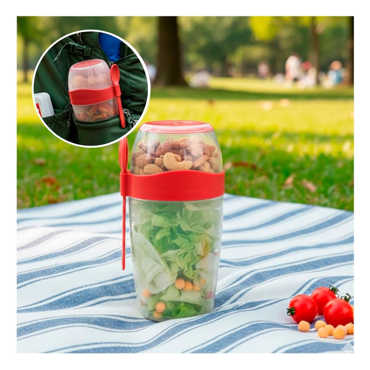 VASO YOGUR ROJO PORTATIL CON CUBIERTO PERFECTO PARA TRANSPORTE SEGURO Y+POST IT - 2