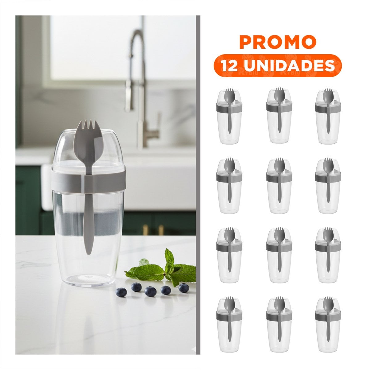 PACK12 VASO YOGURERO 2 EN 1 CON CUBIERTO GRANDE PLOMO PARA EL TRABAJO Y+REGALO STICKER - 1