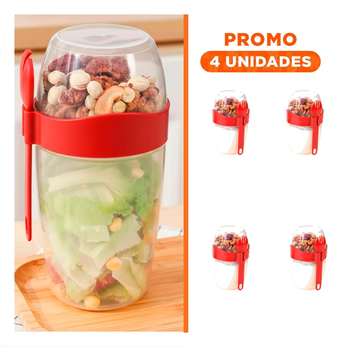 PACK4 VASO YOGURERO ROJO CON CUBIERTO REUTILIZABLE PARA USO DIARIO Y+REGALO STICKER - 1