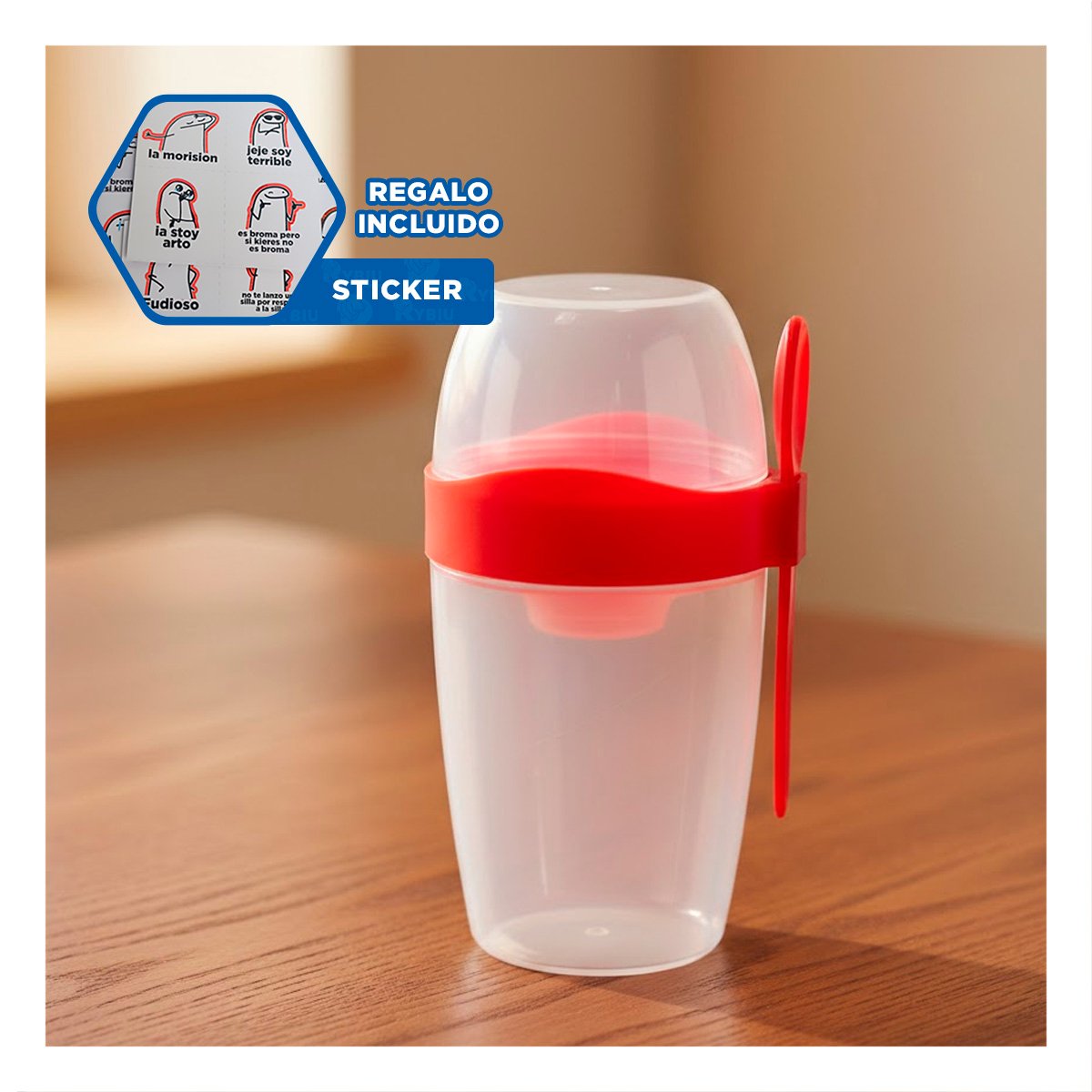 RECIPIENTE YOGURTERO 2 EN 1 CON CUBIERTO GRANDE ROJO PARA GUARDAR CEREAL Y+REGALO STICKER - 1