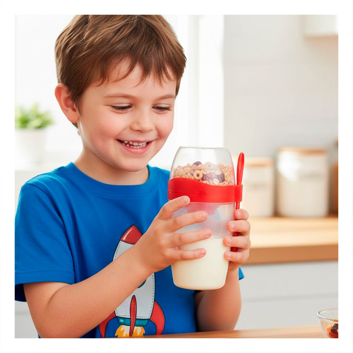 TAZA YOGURTERA 2 EN 1 CON CUBIERTO GRANDE ROJO PARA MERIENDA SALUDABLE Y+PAPEL REGALO - 3
