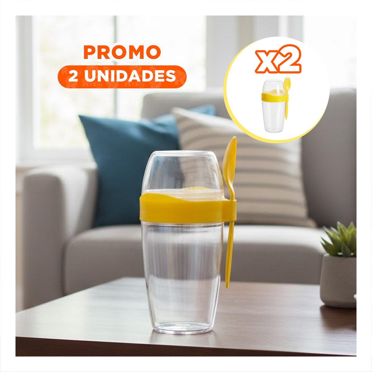 PACK2 VASO YOGURTERO 2 EN 1 CON CUBIERTO GRANDE AMARILLO PARA USO CONTINUO Y+REGALO STICKER - 1