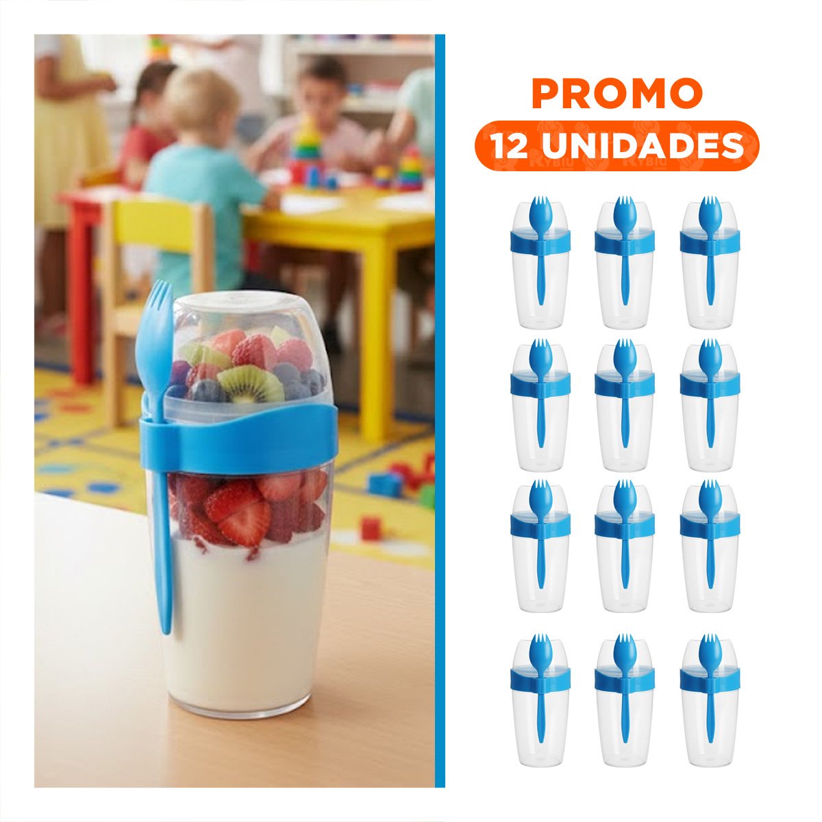 PACK12 VASO YOGURERO 2 EN 1 CON CUBIERTO GRANDE AZUL PARA EL TRABAJO Y+REGALO STICKER - 1