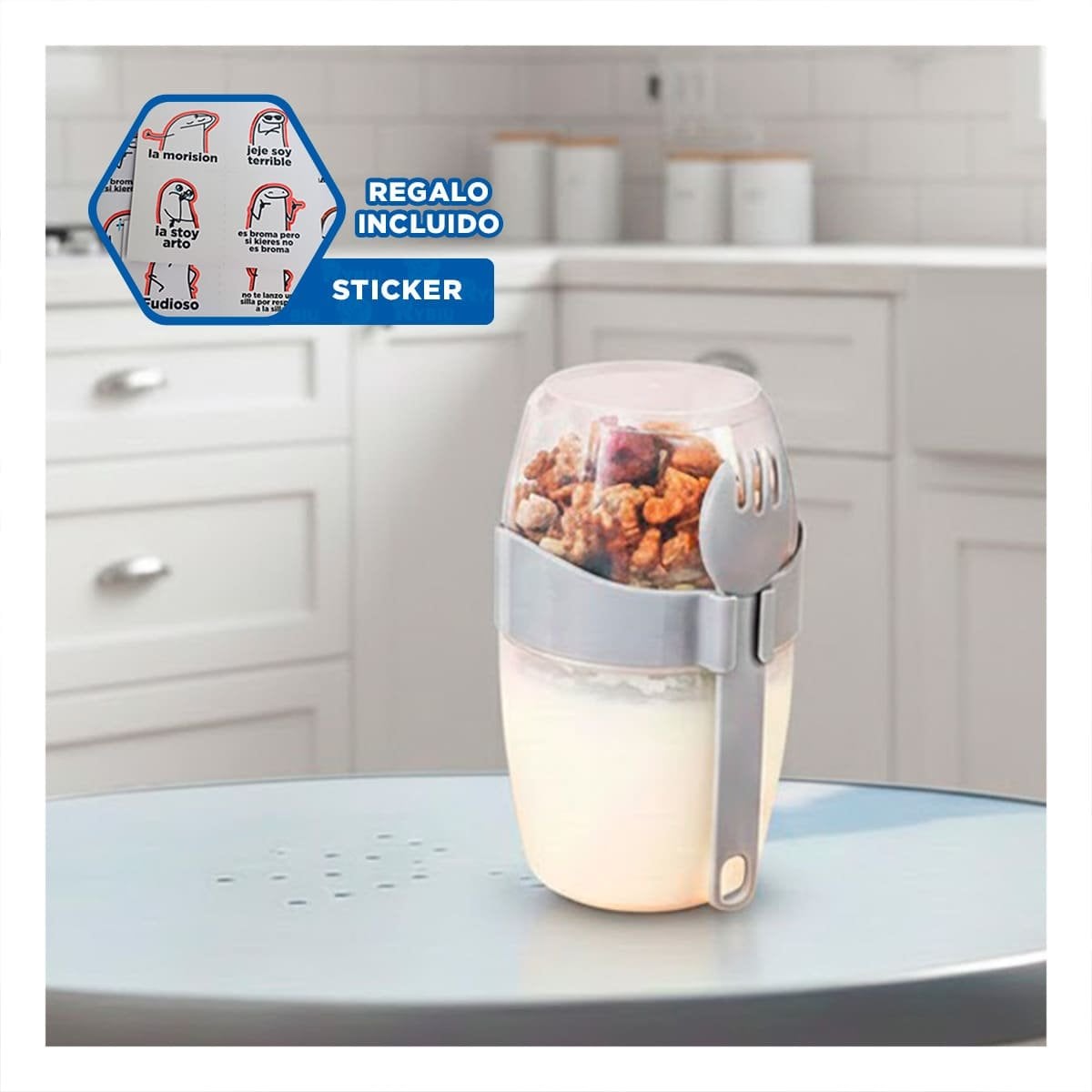 CONTENEDOR YOGURERO PLOMO CON CUBIERTO INCLUIDO PARA SNACK SALUDABLE Y+REGALO STICKER - 1