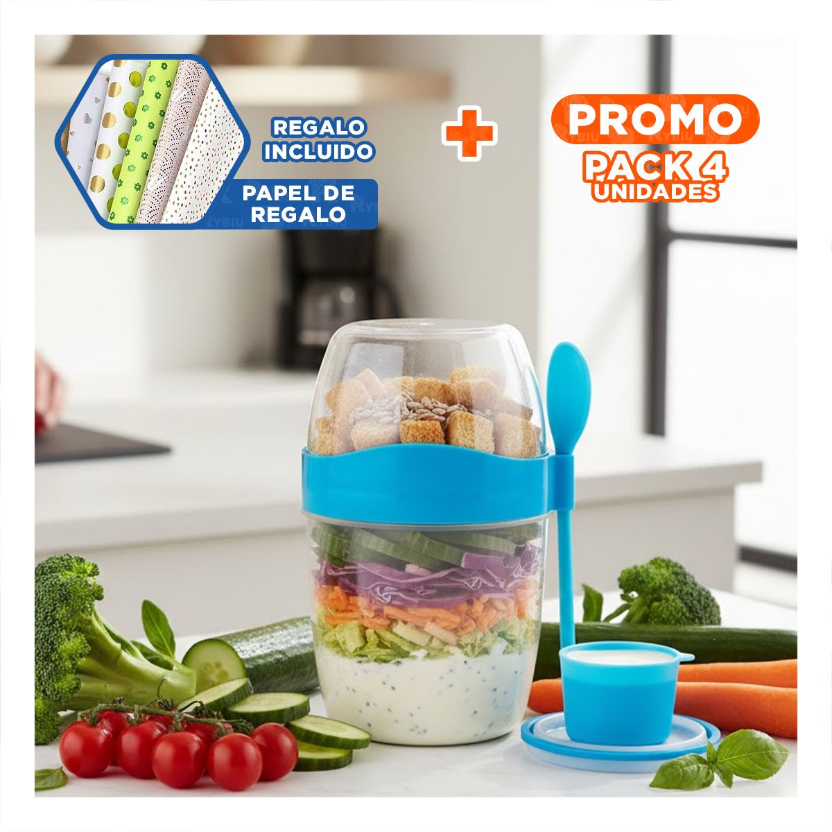 PACK4 VASO YOGUR AZUL CON CUBIERTO REUTILIZABLE PARA SNACKS Y FRUTAS Y+PAPEL REGALO - 1