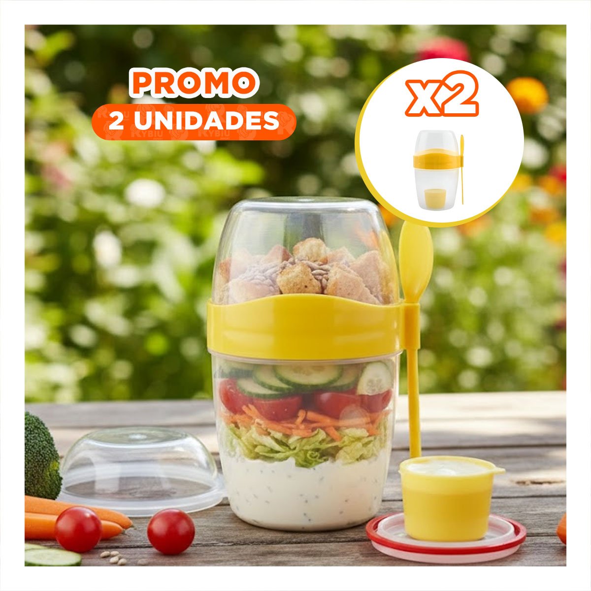 PACK2 CONTENEDOR YOGUR AMARILLO DISENO 2 EN 1 PARA LLEVAR A TODO LUGAR Y+REGALO STICKER - 1