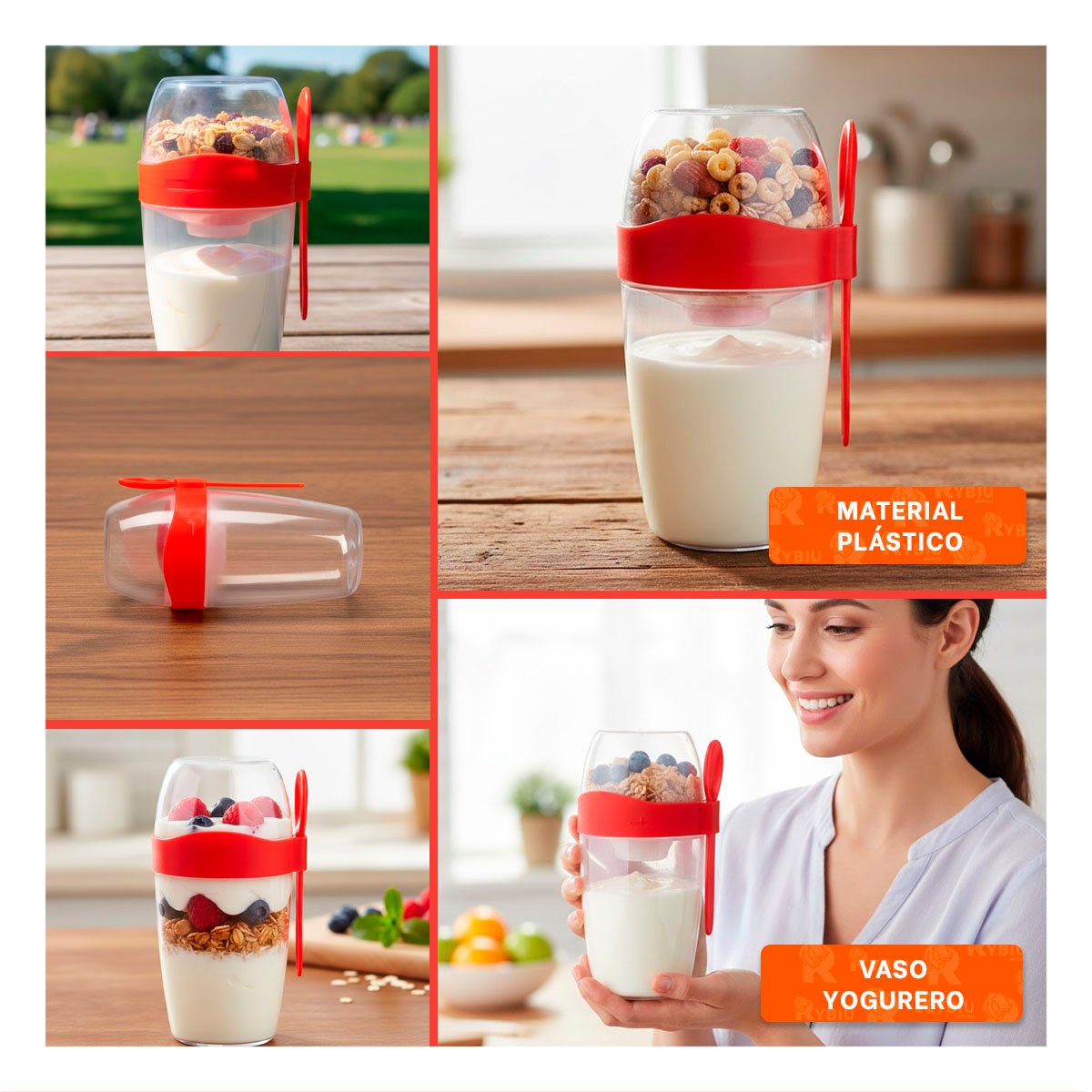 ENVASE YOGURTERO 2 EN 1 CON CUBIERTO GRANDE ROJO PARA ALIMENTACION BALANCEADA Y+POST IT - 1