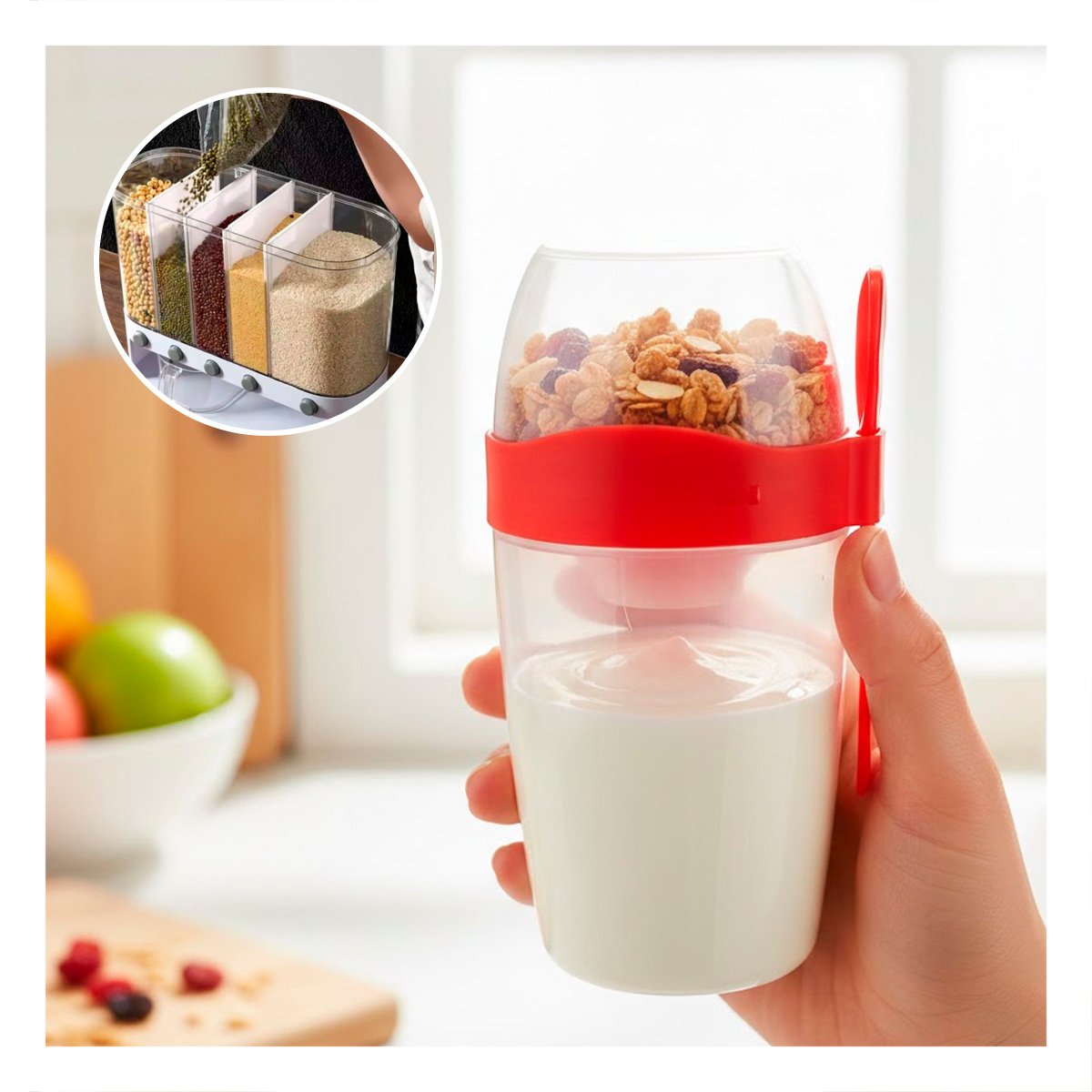 ENVASE YOGURTERO 2 EN 1 CON CUBIERTO GRANDE ROJO PARA ALIMENTACION BALANCEADA Y+POST IT - 2
