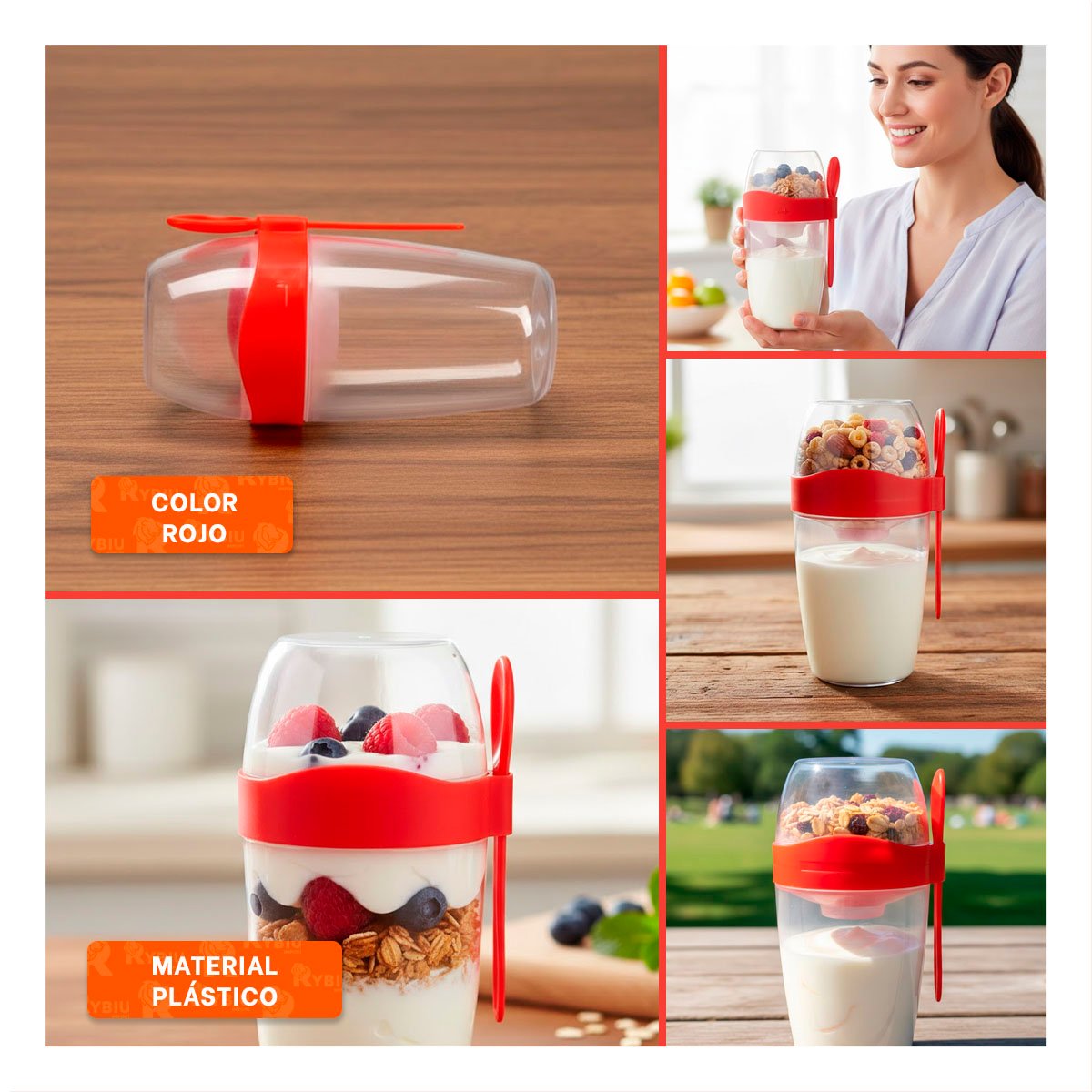 ENVASE YOGURTERO 2 EN 1 CON CUBIERTO GRANDE ROJO PARA ALIMENTACION BALANCEADA Y+POST IT - 5