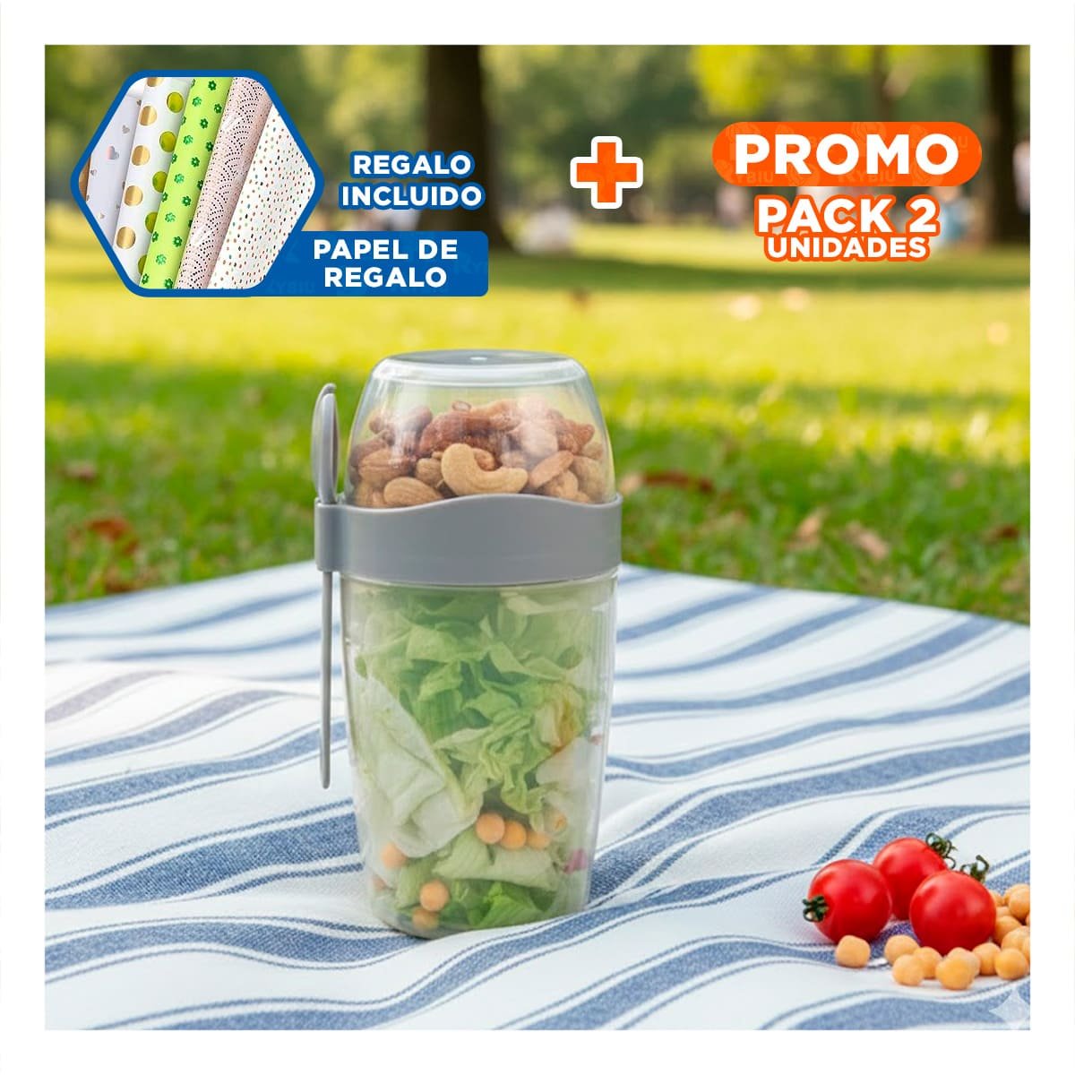 PACK2 RECIPIENTE YOGUR PLOMO CON CUCHARA INCLUIDA PRACTICO Y SEGURO Y+PAPEL REGALO - 1