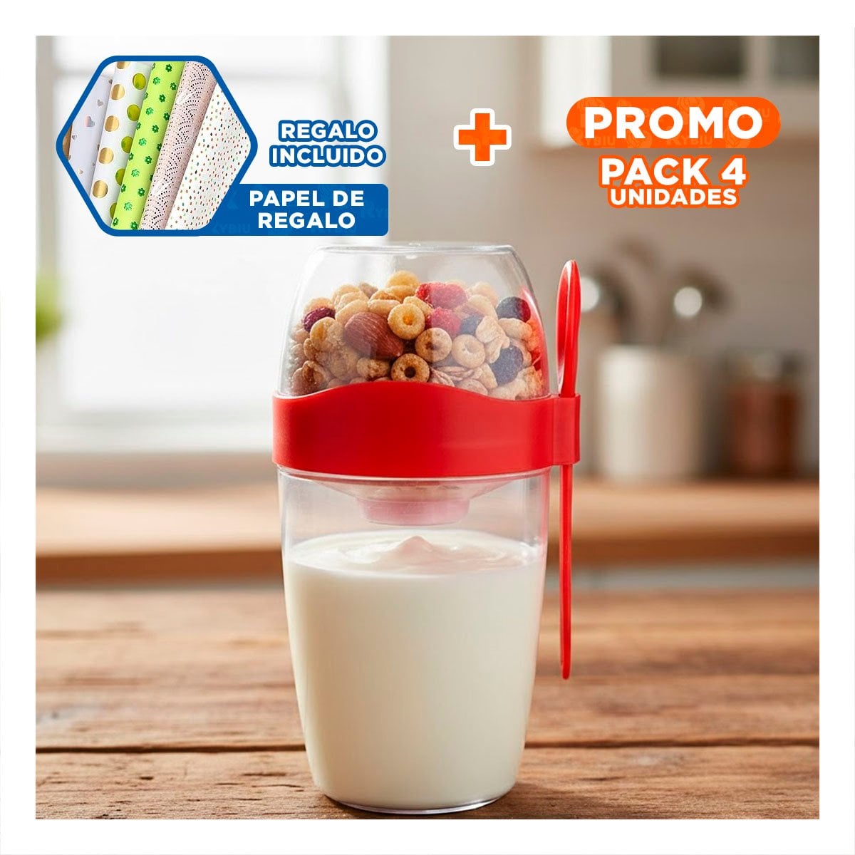 PACK4 ENVASE YOGURERO 2 EN 1 CON CUBIERTO GRANDE ROJO PARA SNACKS SALUDABLES Y+PAPEL REGALO - 1