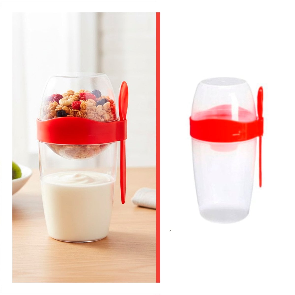 PACK4 ENVASE YOGURERO 2 EN 1 CON CUBIERTO GRANDE ROJO PARA SNACKS SALUDABLES Y+PAPEL REGALO - 4