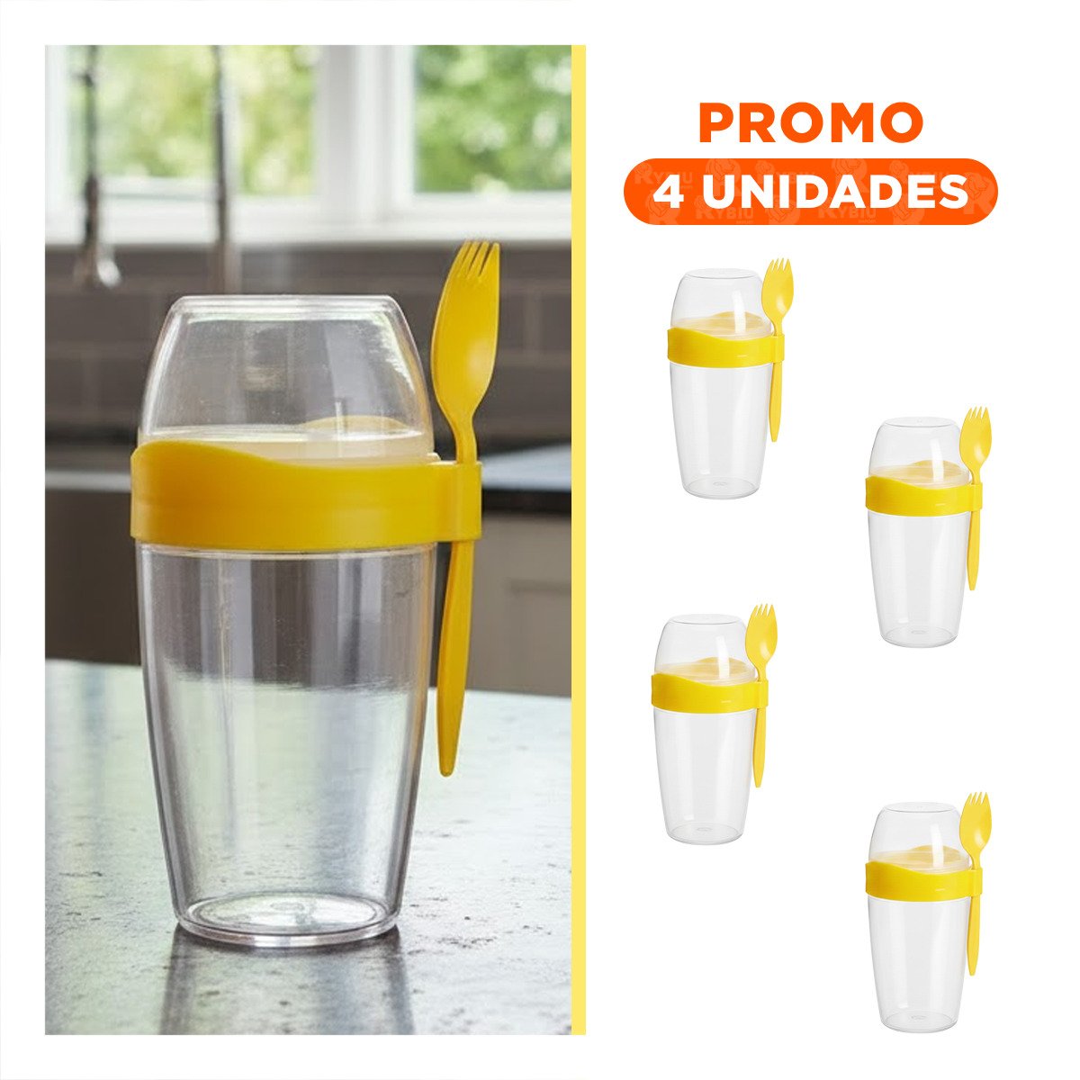 PACK4 VASO YOGURERO CON CUBIERTO GRANDE AMARILLO 2 EN 1 PARA USO PRACTICO Y+REGALO STICKER - 1