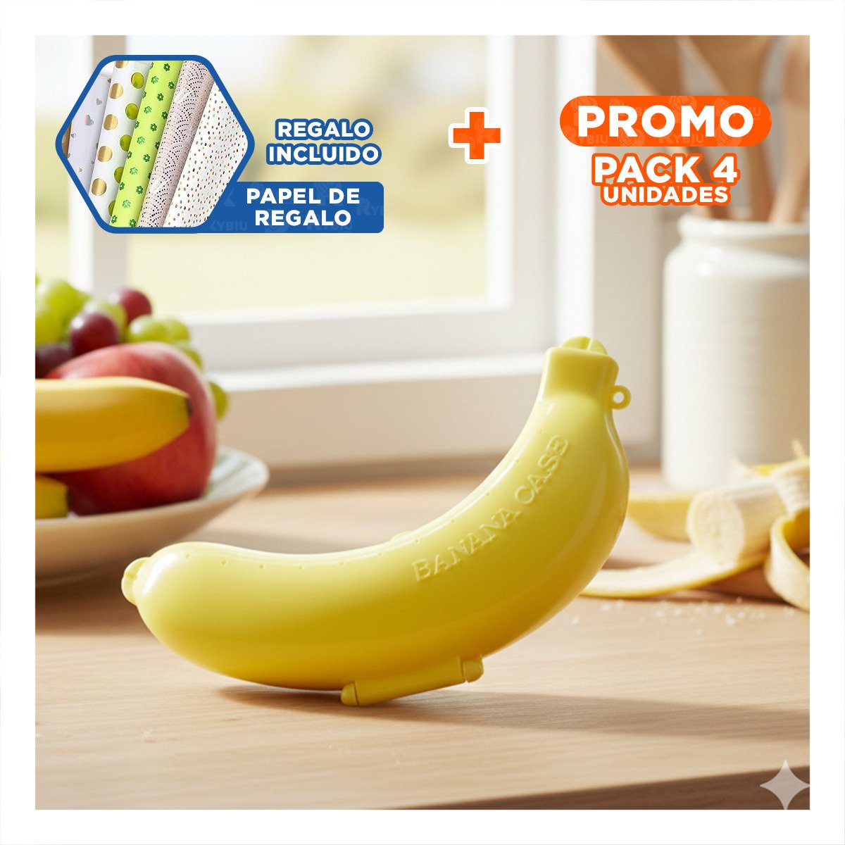 PACK4 CONTENEDOR DE PLATANO AMARILLO PARA MANTENER LA FRUTA EN BUEN ESTADO Y+PAPEL REGALO - 1