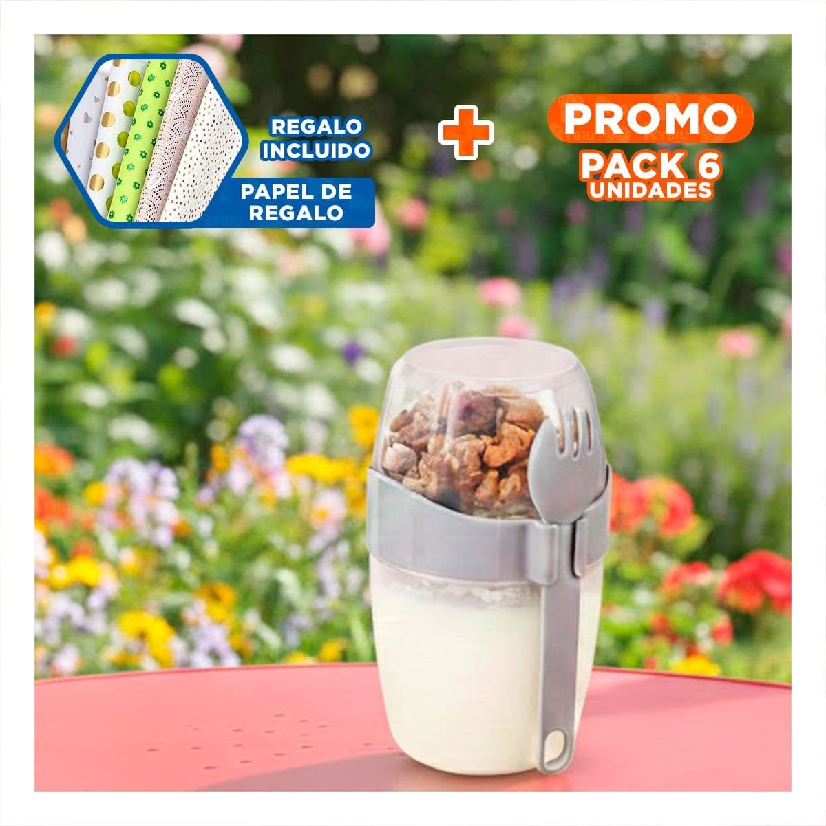 PACK6 CONTENEDOR YOGUR PLOMO 2 EN 1 PARA COMBINAR SNACKS AL INSTANTE Y+PAPEL REGALO - 1