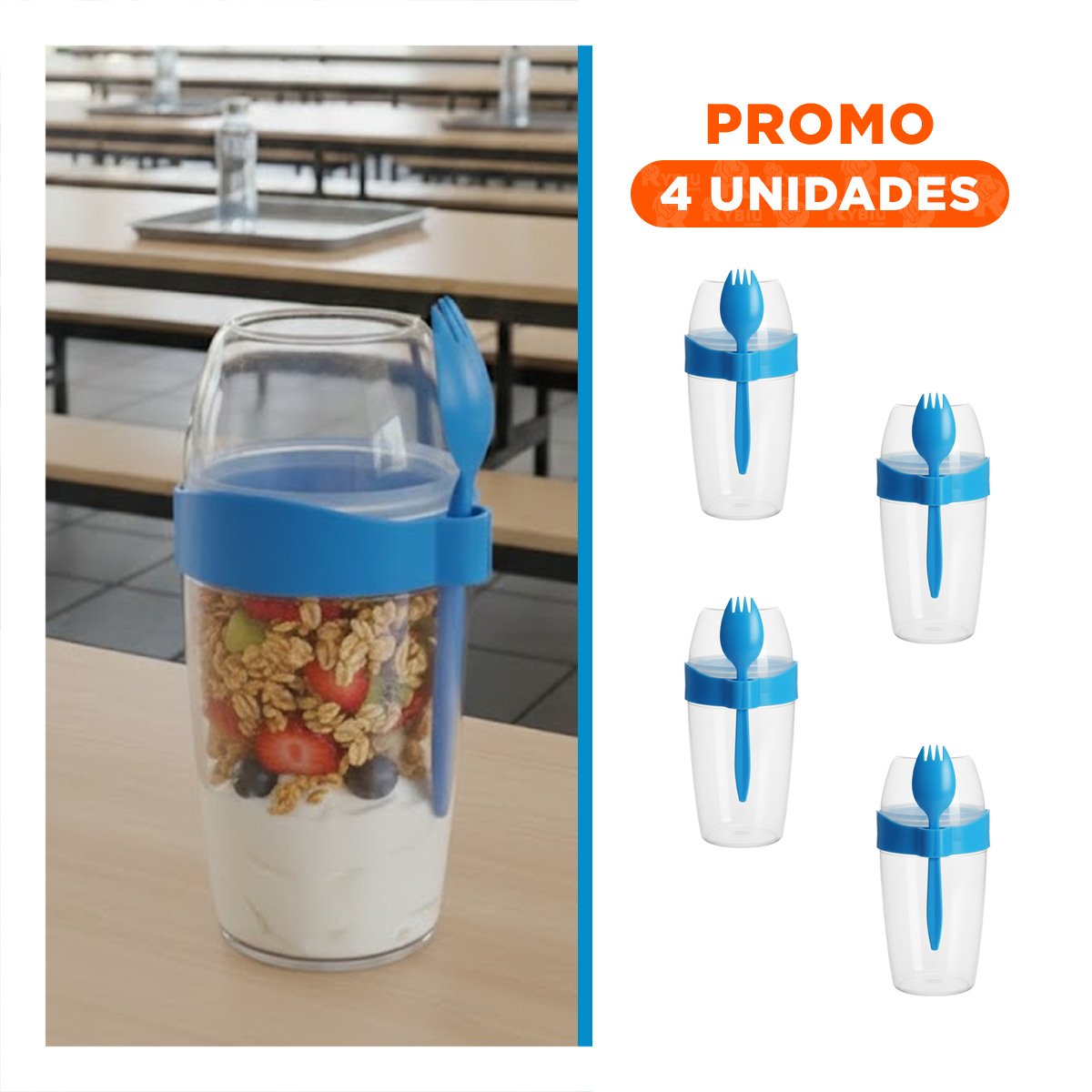 PACK4 VASO YOGURERO CON CUBIERTO GRANDE AZUL 2 EN 1 PARA USO PRACTICO Y+REGALO STICKER - 1