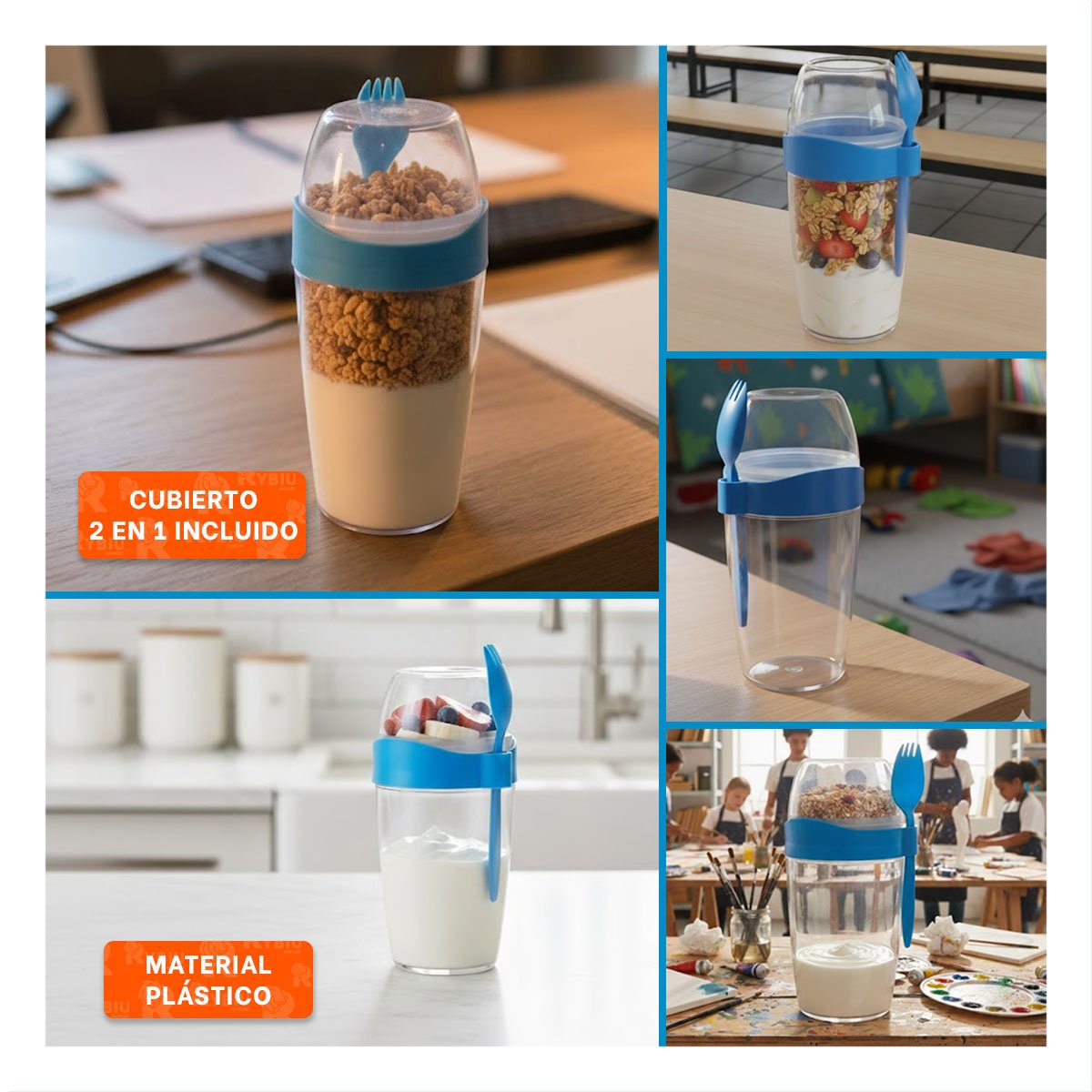 PACK4 VASO YOGURERO CON CUBIERTO GRANDE AZUL 2 EN 1 PARA USO PRACTICO Y+REGALO STICKER - 2