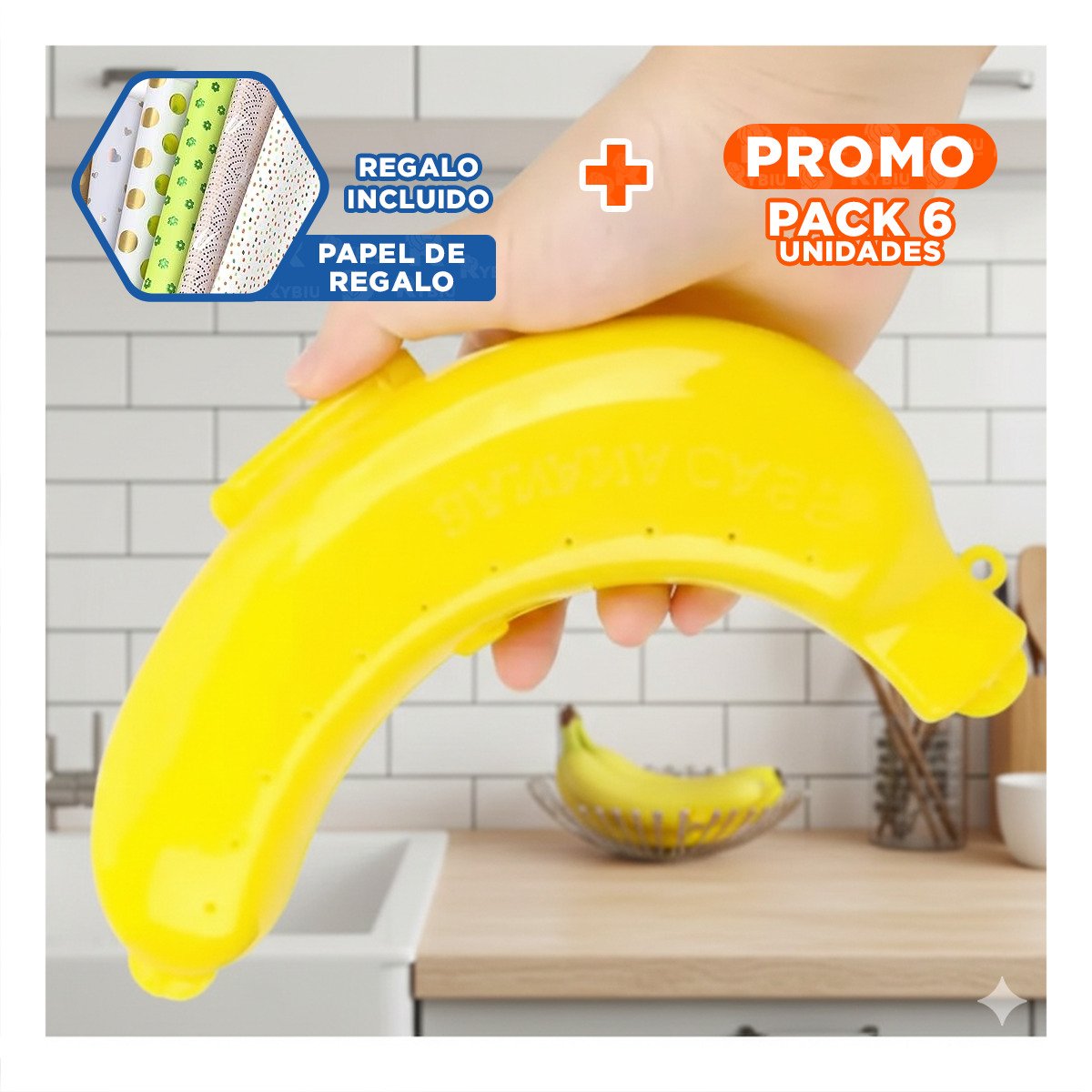 PACK6 FUNDA PORTA PLATANO AMARILLO PORTATIL PARA ALIMENTACION SALUDABLE Y+PAPEL REGALO - 1