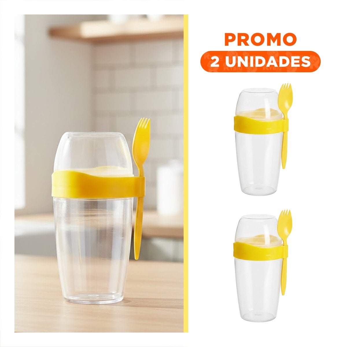 PACK2 RECIPIENTE YOGURERO 2 EN 1 CON CUBIERTO GRANDE AMARILLO PARA DESAYUNO COMPLETO - 1