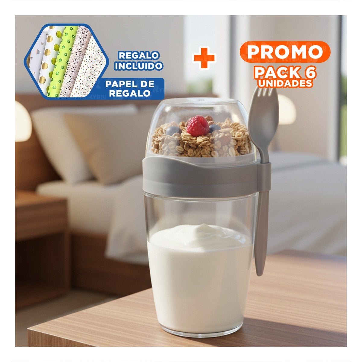 PACK6 VASO YOGURERO CON CUBIERTO GRANDE PLOMO 2 EN 1 PARA LLEVAR SIEMPRE Y+PAPEL REGALO - 1