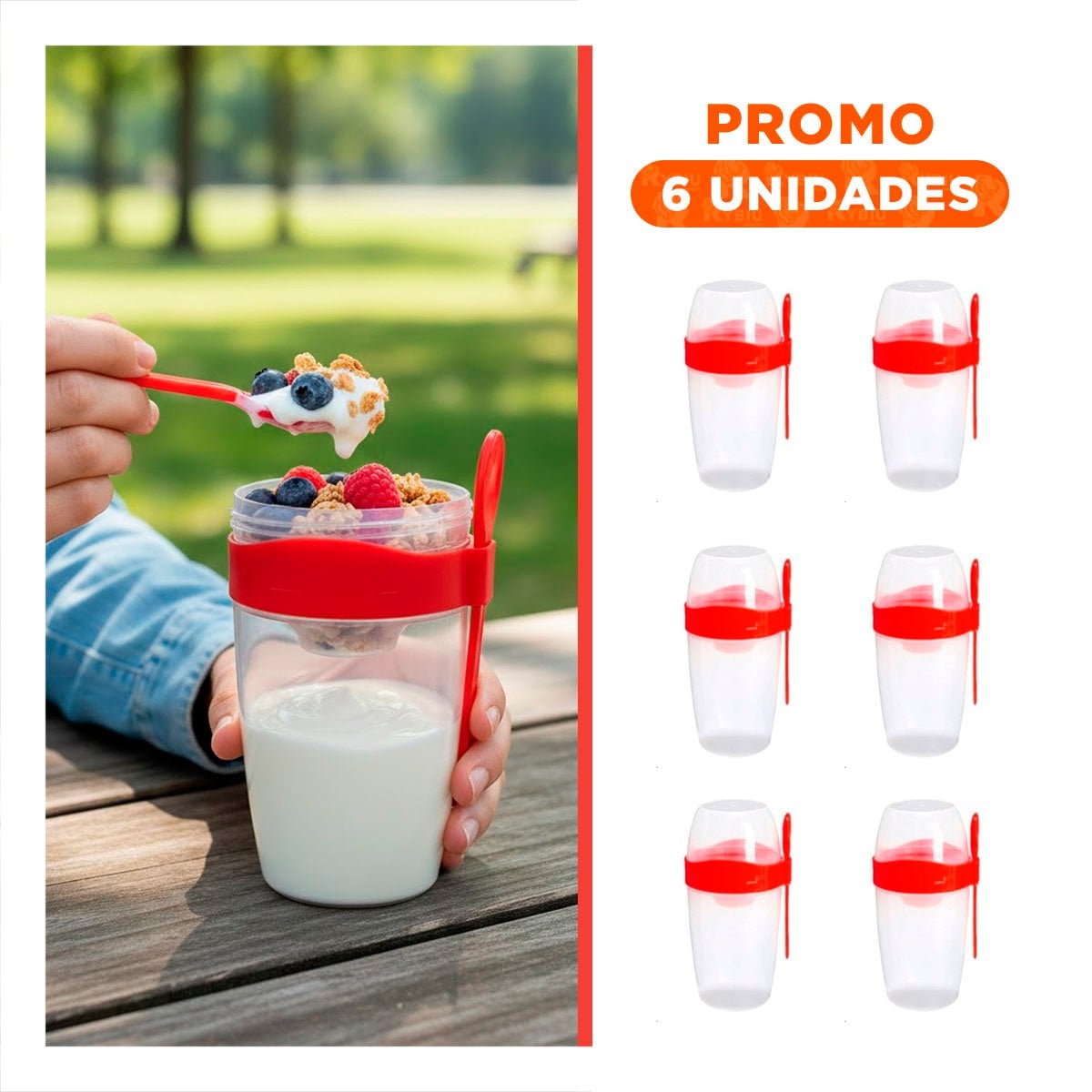 PACK6 RECIPIENTE YOGURERO CON CUBIERTO GRANDE ROJO 2 EN 1 PARA ALIMENTACION SALUDABLE - 1