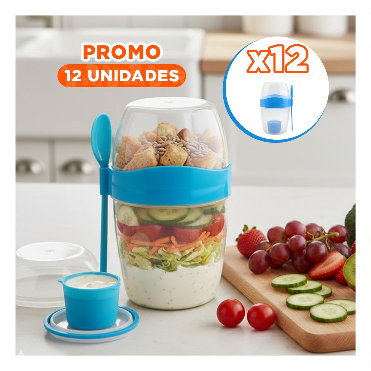 PACK12 VASO YOGUR AZUL CON CUCHARA INCLUIDA FACIL DE LLEVAR A CLASES - 1
