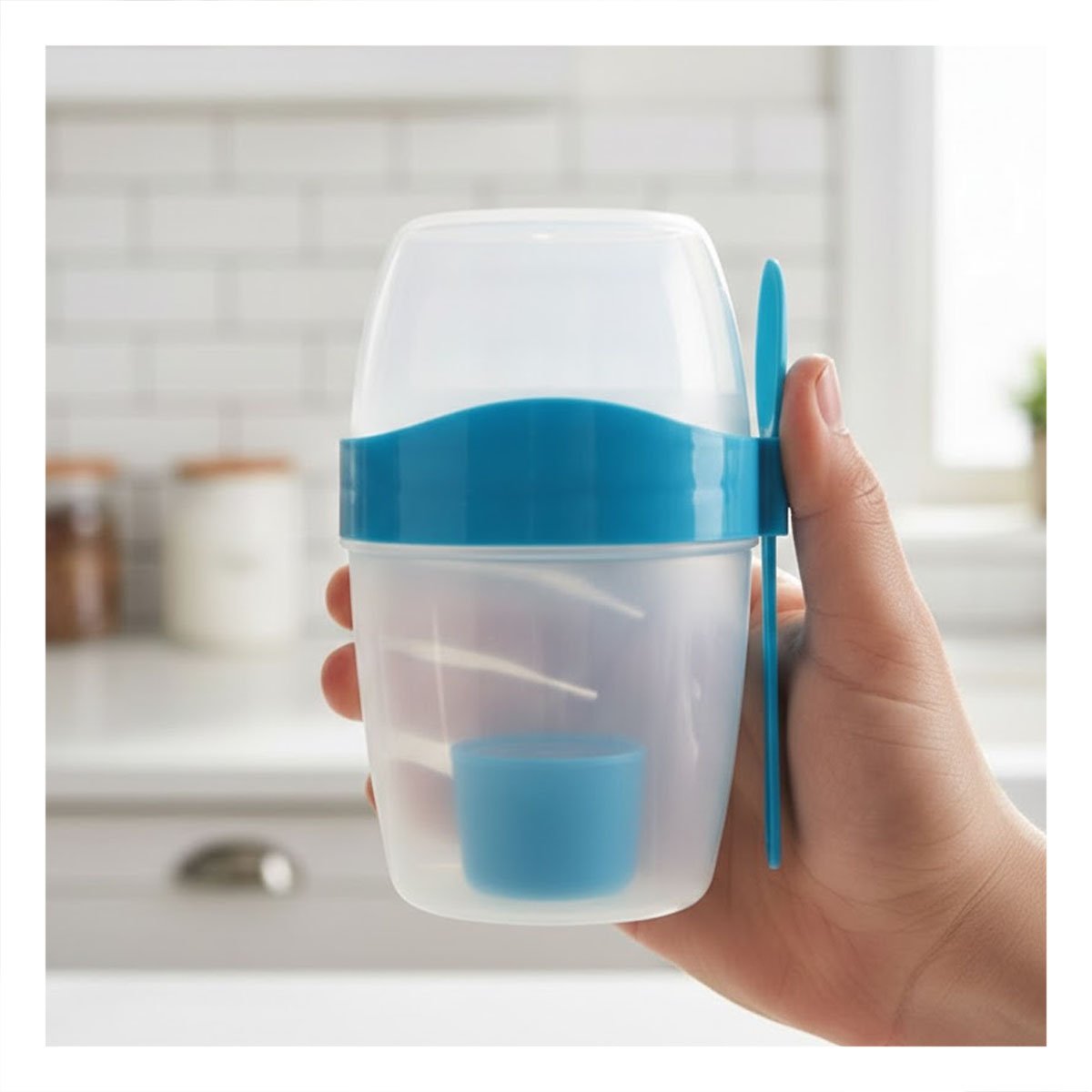 VASO YOGURERO AZUL CON CUBIERTO INTEGRADO PRACTICO PARA USO DIARIO - 1