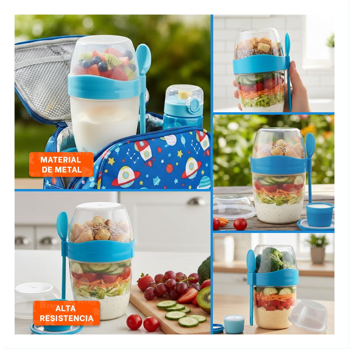 VASO YOGURERO AZUL CON CUBIERTO INTEGRADO PRACTICO PARA USO DIARIO - 5