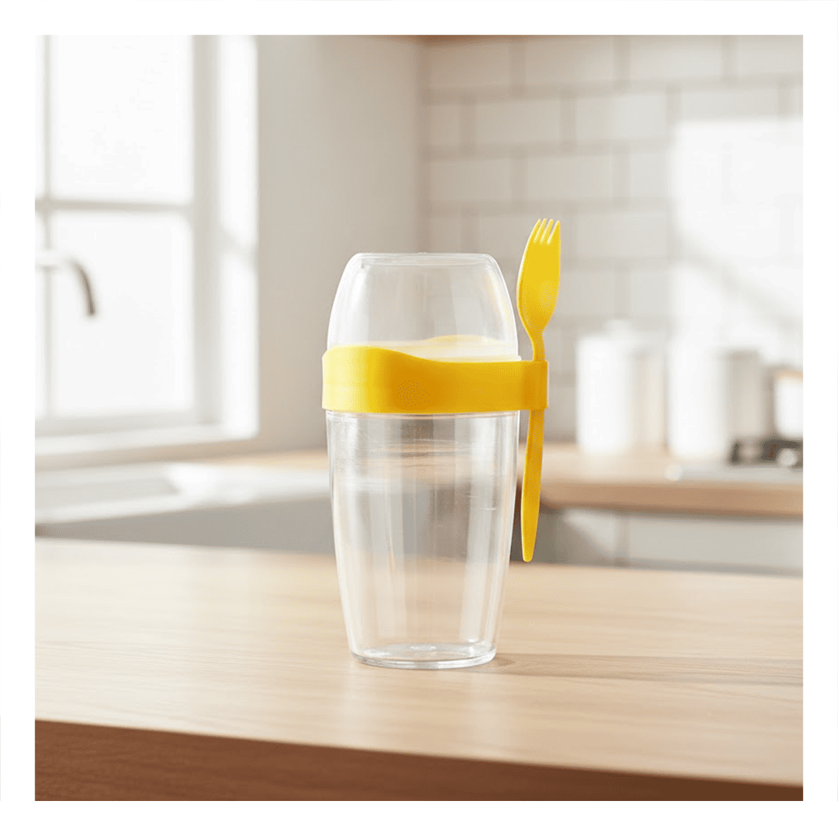VASO YOGURERO 2 EN 1 CON CUBIERTO GRANDE AMARILLO PARA LONCHERA Y VIAJES - 1