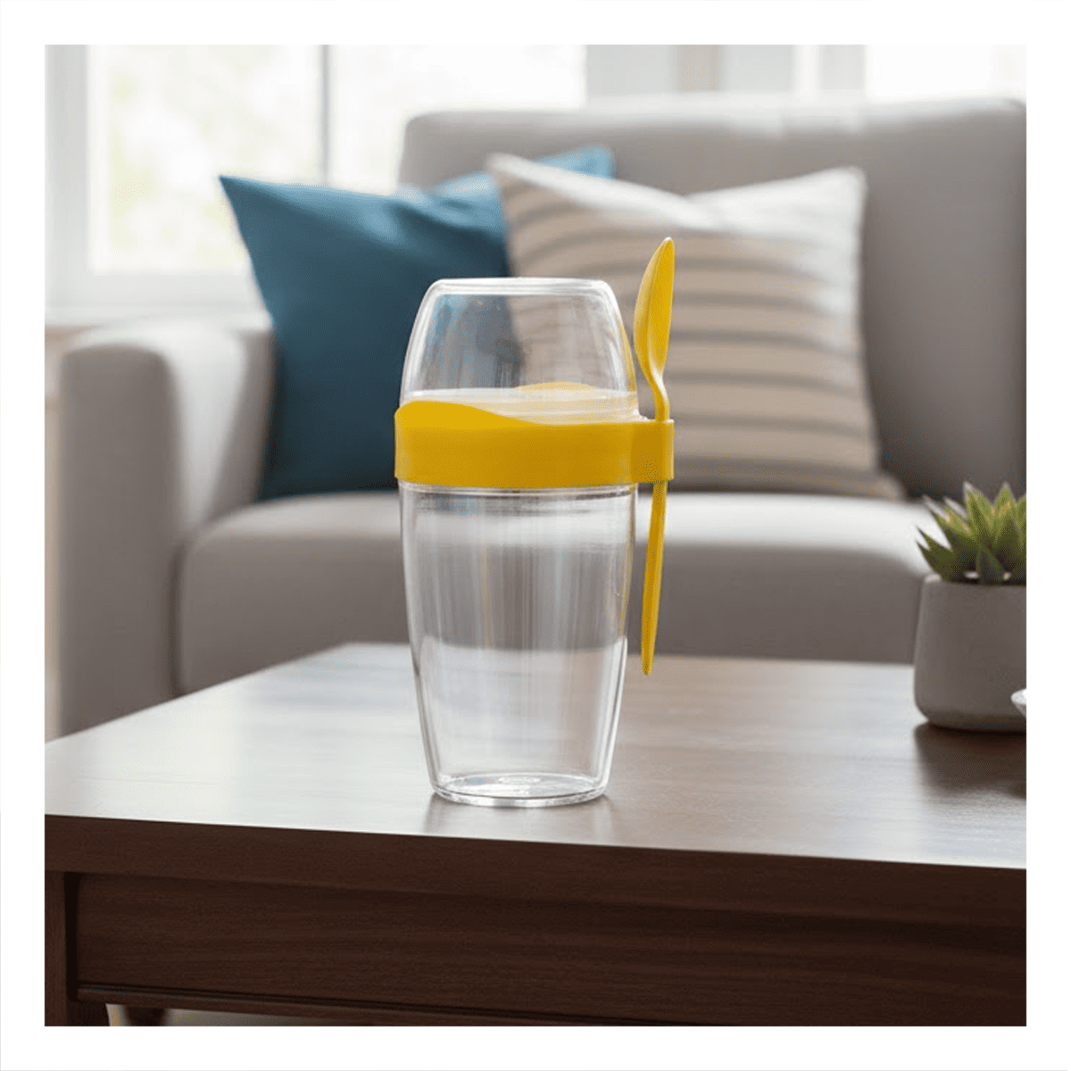 VASO YOGURERO 2 EN 1 CON CUBIERTO GRANDE AMARILLO PARA LONCHERA Y VIAJES - 2